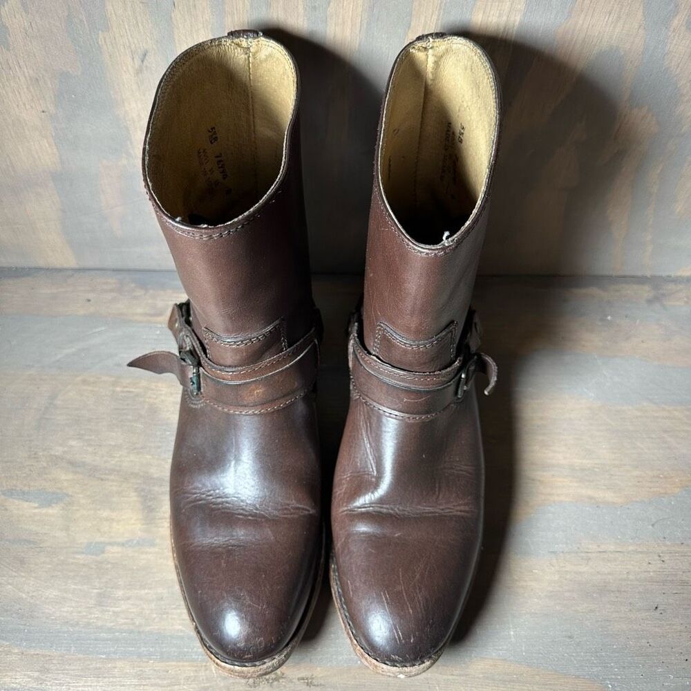 Frye Womens 5.5 Motorcycle Boots Brown Leather Straps Metal Harness Mid Calf - Picture 2 of 12